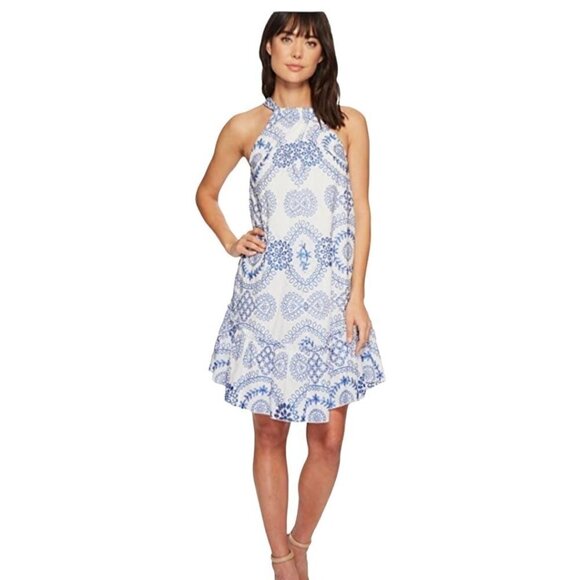 Trina Turk Blue and White Womens Kori Halter Embroidered Ruffle Sundress Size XS - Picture 1 of 13